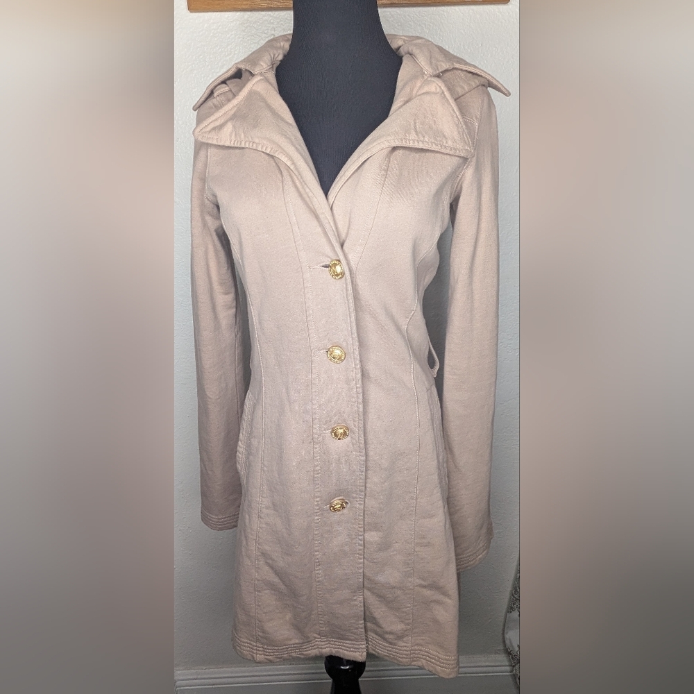 Y2K Vtg Twisted Heart Ladies Cream Removable Hood Collared Button Up Jacket Sz S - Picture 2 of 8